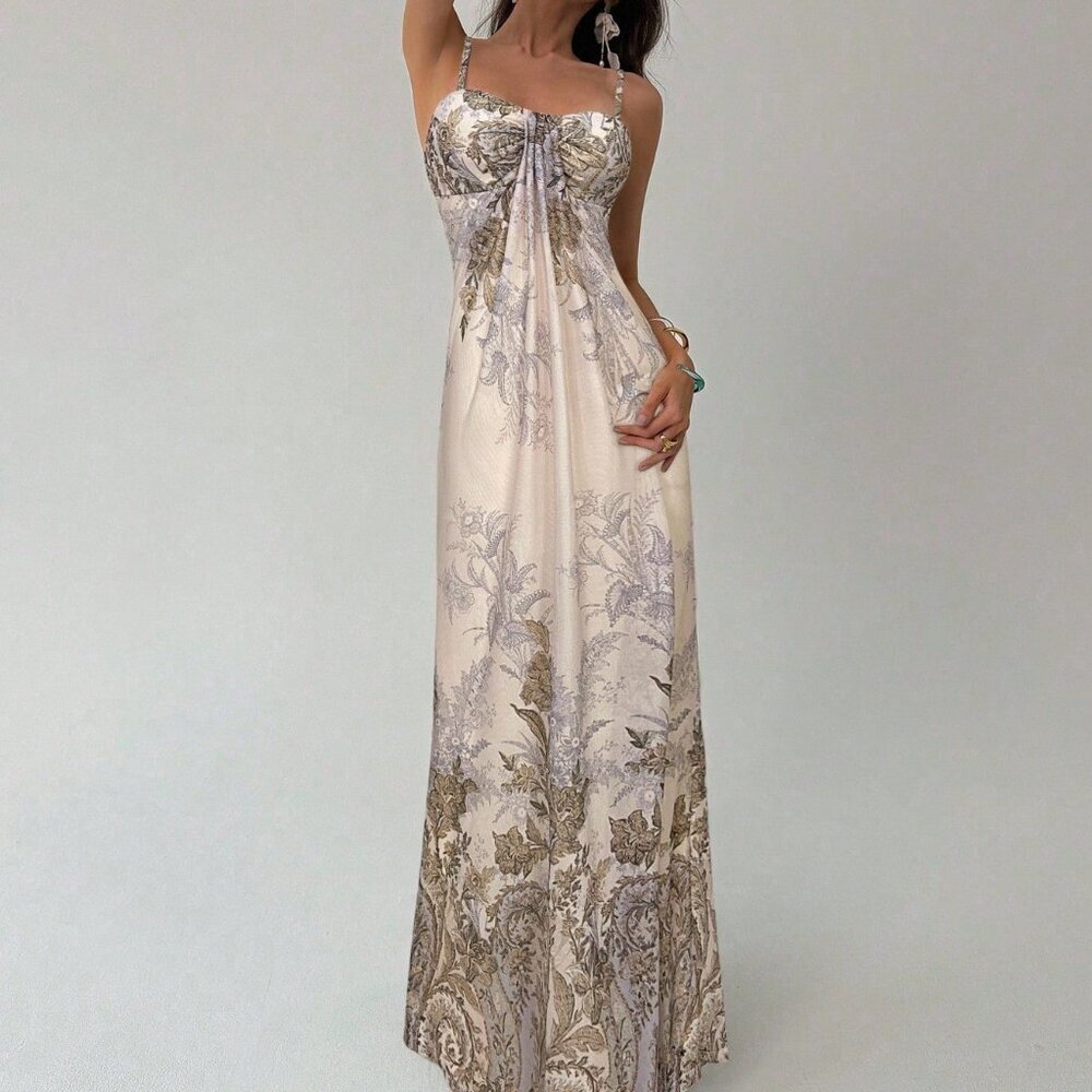 Khaki Elegant Women's Floral Print Color Maxi Slip Dress